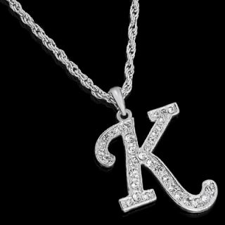 ALPHABET INITIAL LETTER K SILVER PLATED w CRYSTAL PENDANT CHARM