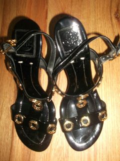 Tory Burch Black and Gold Kathryn Wedge Sandals Size 9M