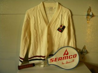 Vintage Ken Rosewall Tennis Lot Seamco Racquet and Revere Sweater Size