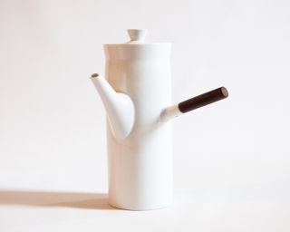 1950s Kenji Fujita for Freeman Lederman White Ceramic Coffee Pot Wood