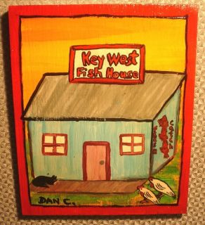 Key West Fish House Cat Chicken Original painting outsider folk pop