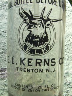 Old Seltzer Bottle E L Kerns Trenton N J Picture of An Elk on Front