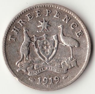 Silver Australian Coin 1919 3 Pence Kangaroo Emu King George V