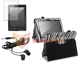 Zebra Leather Case w Stand Clear LCD Protector Blk Headset for Kindle