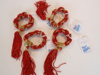 Red Braided Rope Napkin Rings Gold Thread Tassels 4