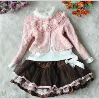Girls 3 Peice Outfit Pink Brown White Jacket Tutu Skirt Wedding Party