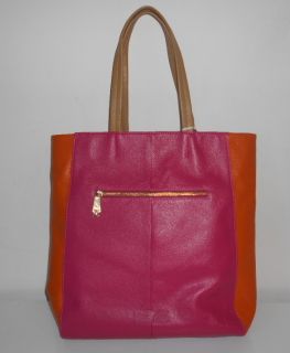 Christoper Kon Handbag Pink Orange Colorblock Leather Shopper Tote Bag