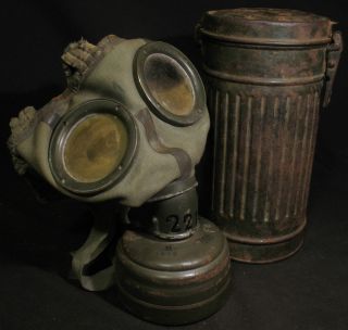 German SIGNED EARLY GAS MASK WITH CAN CANISTER CONTAINER from KURLAND