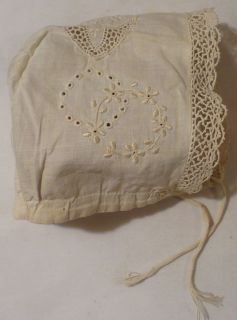 Antique c1900 Ivory Cotton Baby Bonnet Hat Tatting Floral Embroidery