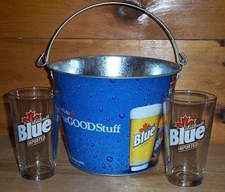 Labatt Blue 2 Beer Pint Glasses Metal Ice Bucket Set New