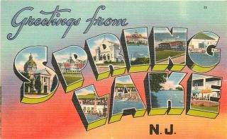 Greetings from Spring Lake NJ Great Old Large Letter Linen Postcard
