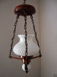Vtg Copper Ceiling Swag Lamp White Hobnail Glass Shade