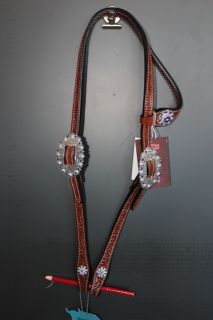 Bar H floral tooled chestnut leather headstall with bling buckles