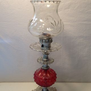 Antique Cranberry and Clear Glass Lamp Still Works