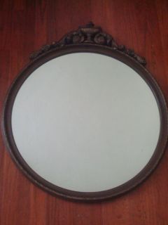 Antique Large Wood Round Wall Mirror
