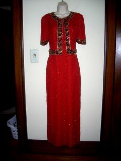 Laurence Kazar N Y Red Silk Sequins Beads Cocktail Dress 10