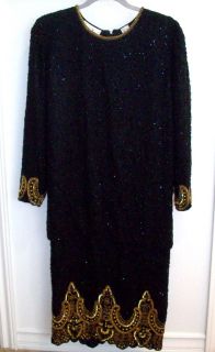 Laurence Kazar Black Beaded Dress Gown Gold Bead Trim Size S