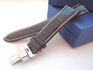 22mm Brown White Leather Deployment Clasp Watch Band Strap Deployant