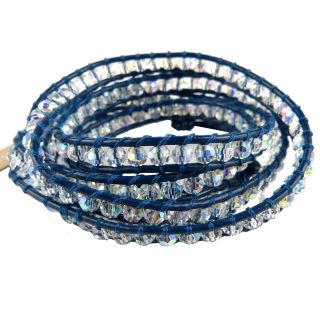 Chan Luu Swarovski Clear AB Crystal Blue Leather Wrap Bracelet