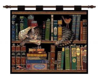 Tiger Cat Kitten Library Book Shelf Art Tapestry Wall Hanging
