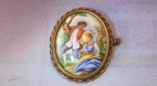 Antique Hand Painted Limoges Pin Brooch Gold Tone Frame Pastoral Scene