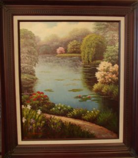 Contemporary Pond Waterlily Oil Painting Signed Framed