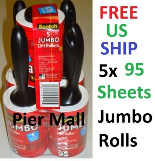 Scotch Jumbo Lint Rollers 5 Packs x 95 Sheet Roll 475 Sheets Remove