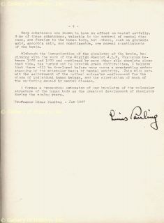 Linus C Pauling Typescript Signed Circa 1967