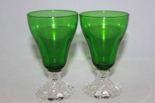 VINTAGE ANCHOR HOCKING FOREST GREEN BOOPIE 2 GLASSES BUBBLE FOOT WINE