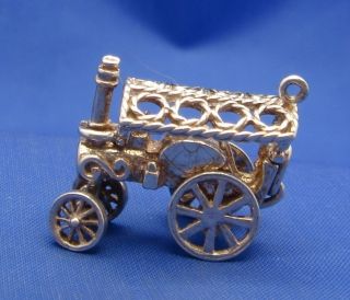 Vintage English Sterling Silver Steam Traction Engine Charm Moves