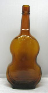 VINTAGE Guitar Shaped Glass Whiskey Liquor Amber Color Embossed Bottle