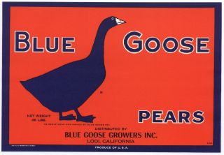 Blue GOOSE Vintage Lodi CA Pear Crate Label Bird