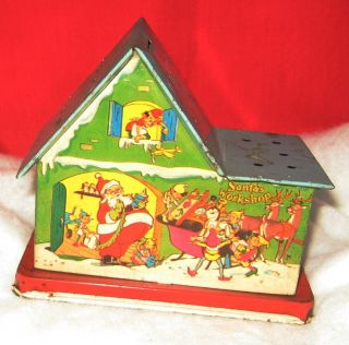 Vintage Tin Santas Workshop Lollipop Holder House Bank Litho US Metal