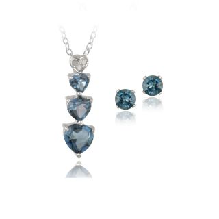 925 Silver London Blue Topaz Diamond Heart Necklace Earrings Set