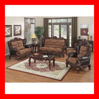 Traditional Formal Leather Fabric Sofa Loveseat 2 PC Living Room Set