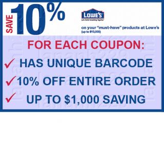 Lot of Twenty 20 Lowes 10 Off Coupons EXPIRE12 06 2012