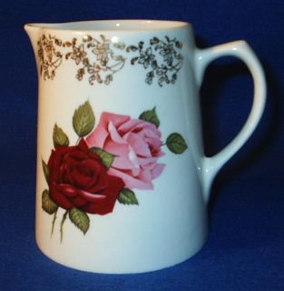 Lord Nelson Pottery Pitcher Red Pink Roses Gold Accents
