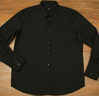Hugo Boss Mens Lucas Black Stretch Cotton LS Dress Shirt XL Reg Fit $