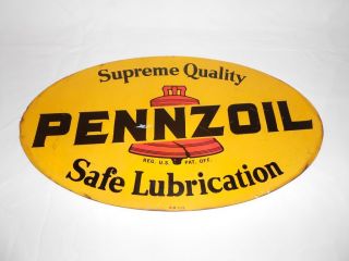 VINTAGE PENNZOIL SAFE LUBRICATION GAS OIL SIGN ORIGINAL METAL DOUBLE