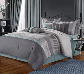 Euphoria Grey Aqua Blue 8 Piece Luxury Comforter Bedding Set—Queen