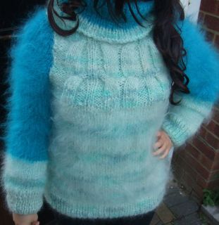 Luxurious Fuzzy Cable Turtleneck Mohair Sweater in  Turquoise Blue