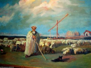 HUNGARIAN MAGYAR OIL PAINTING ORIGINAL OF A JUHASZ W/ GRAZING SHEEP