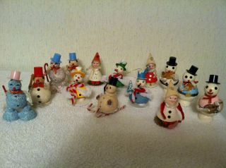 vtg mica snowman shiny brite pinecones elves gnomes Japan putz xmas