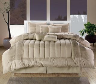 Discount 8PC Luxury Comforter Bed Skirt Bedding Set Beige