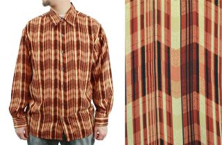 Vintage Mens Shirt Sz M Rust Brown Orange Geometric Striped Long