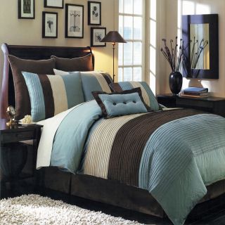 Royal Tradition Luxury Blue Brown Hudson 8PC Comforter Bedding Bed in