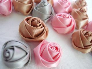 30 Satin 4D Ribbon Rose Flower Rosebud Brooch Wedding trim pink silver
