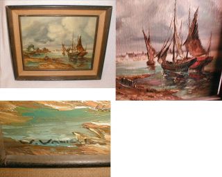 Old Signed painting Oil on Wood Board New England ? Ships In A Harbor