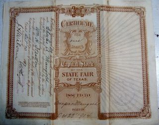 Share of Capital Stock State Fair of TEXAS Certificate Swope & Mangold