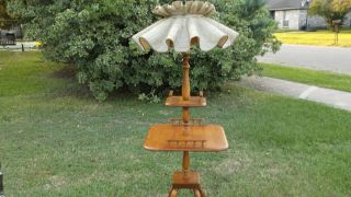 Tier Maple Table Floor Lamp with Milk Glass Cloth Shade